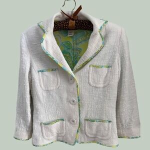 Sigrid Olsen Collection White Tweed Blazer Paisley Trim Petite 6 Womens Jacket